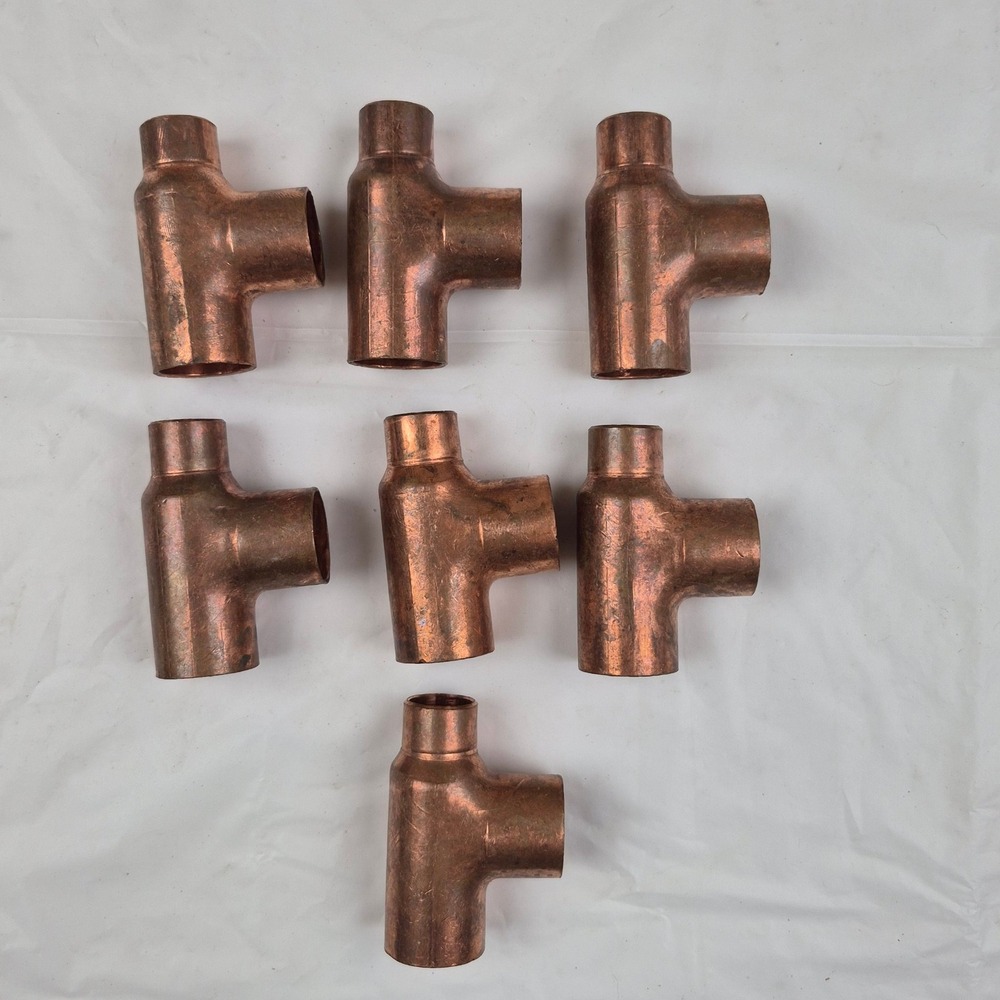 Lot of 7 Mixed Copper Reducing Tee Fittings 3/4" x 1/2" x 3/4" Sweat Solder